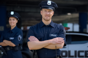 Off-duty police officers in uniform standing confidently with arms crossed, highlighting professional security presence for businesses and events in Atlanta.